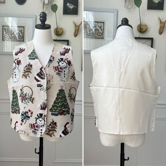 Vintage 90s Northern Traditions Snowman Christmas Tree Tapestry Vest XL - Picture 1 of 7